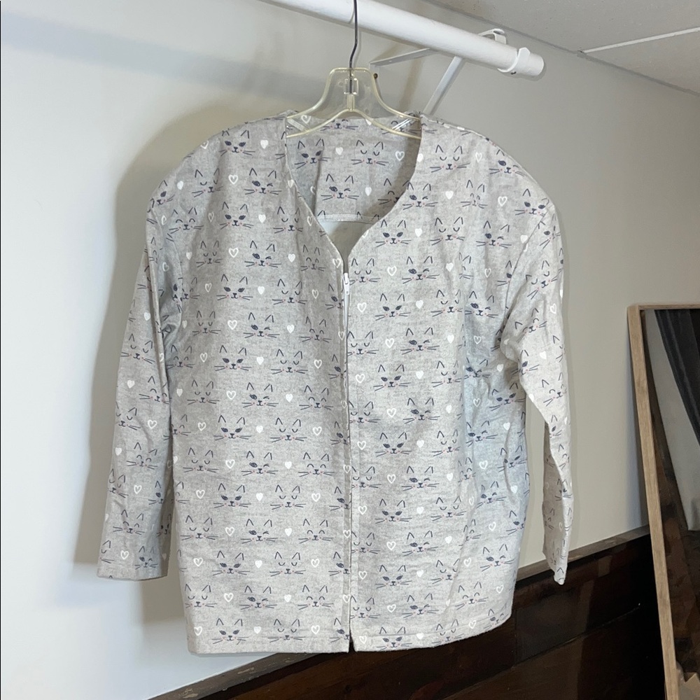 Handmade Flannel Zip Up Scrub Jacket Cat Print- Medium Petite
